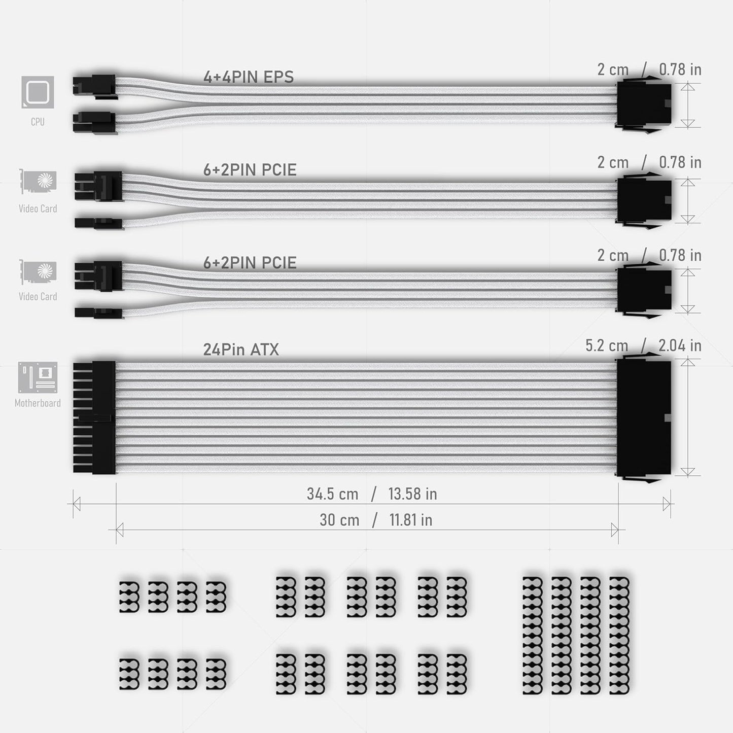 PSU Extension Cable Sleeved Custom Mod PC Power Supply Cable, Soft Nylon Braided with Comb Kit 24PIN/8PIN to 6+2Pin/ 8PIN to 4+4PIN-30CM 300MM - White