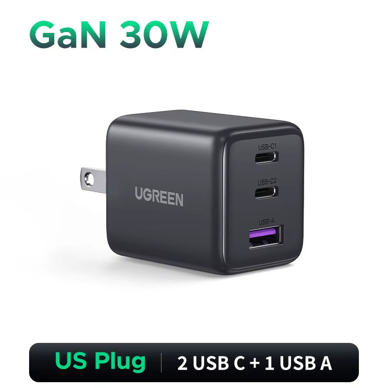 30W Gan Charger 3 Ports PD 3.0 USB C Charger for Iphone 17 16 15 Pro Samsung S25 Xiaomi Tablet Ipad Air Pro Phone Charger