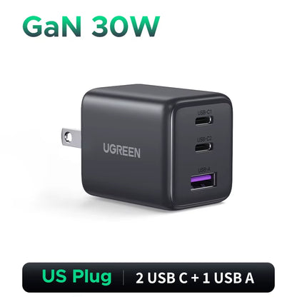 30W Gan Charger 3 Ports PD 3.0 USB C Charger for Iphone 17 16 15 Pro Samsung S25 Xiaomi Tablet Ipad Air Pro Phone Charger