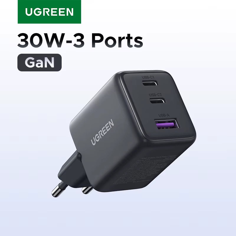 30W Gan Charger 3 Ports PD 3.0 USB C Charger for Iphone 17 16 15 Pro Samsung S25 Xiaomi Tablet Ipad Air Pro Phone Charger