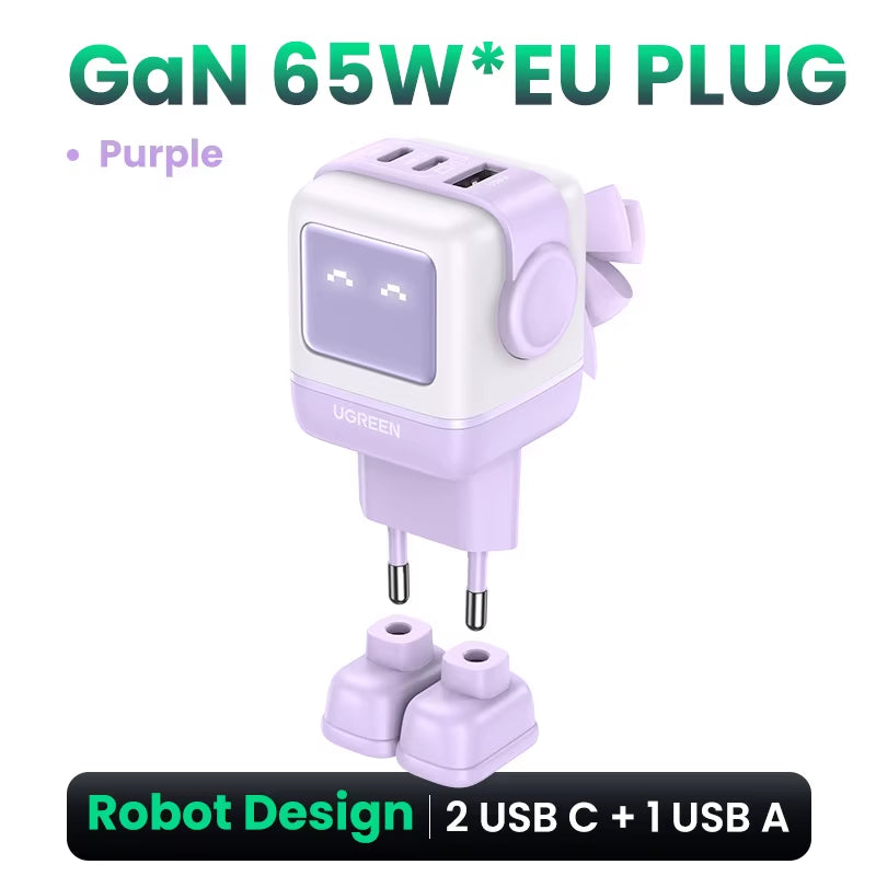65W Gan Charger Uno Robot Design PD Fast Charger PPS PD3.0 for Iphone 17 16 15 Fast Charge for Xiaomi Laptop Macbook Pro