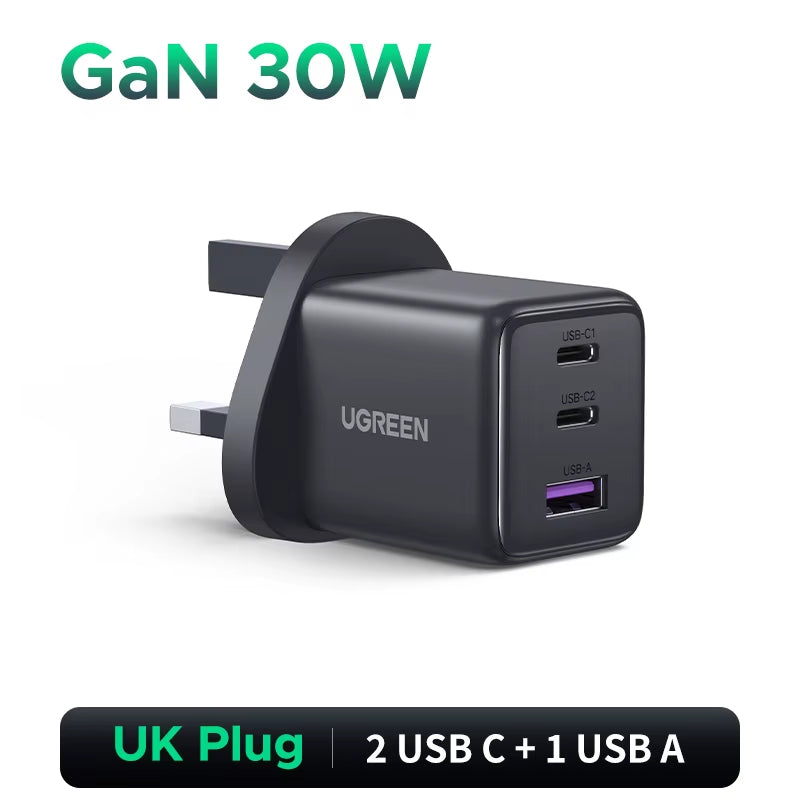 30W Gan Charger 3 Ports PD 3.0 USB C Charger for Iphone 17 16 15 Pro Samsung S25 Xiaomi Tablet Ipad Air Pro Phone Charger