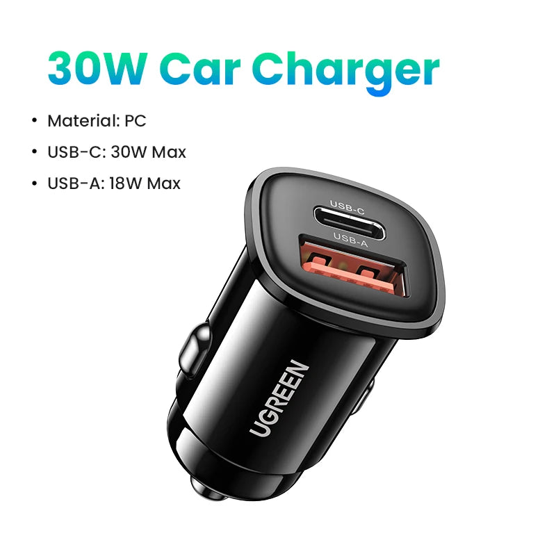 Car Charger 30W PD Quick Charge QC4.0 3.0 SCP Type C Fast USB Car Charger for Iphone 14 13 12 Xiaomi Mobile Phone Charger