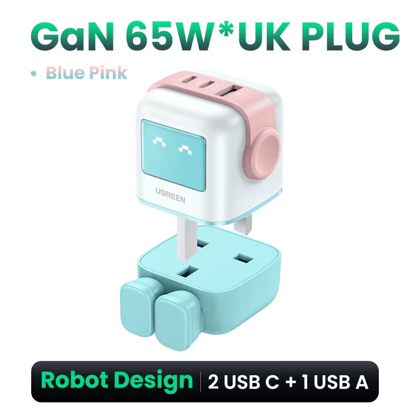 65W Gan Charger Uno Robot Design PD Fast Charger PPS PD3.0 for Iphone 17 16 15 Fast Charge for Xiaomi Laptop Macbook Pro
