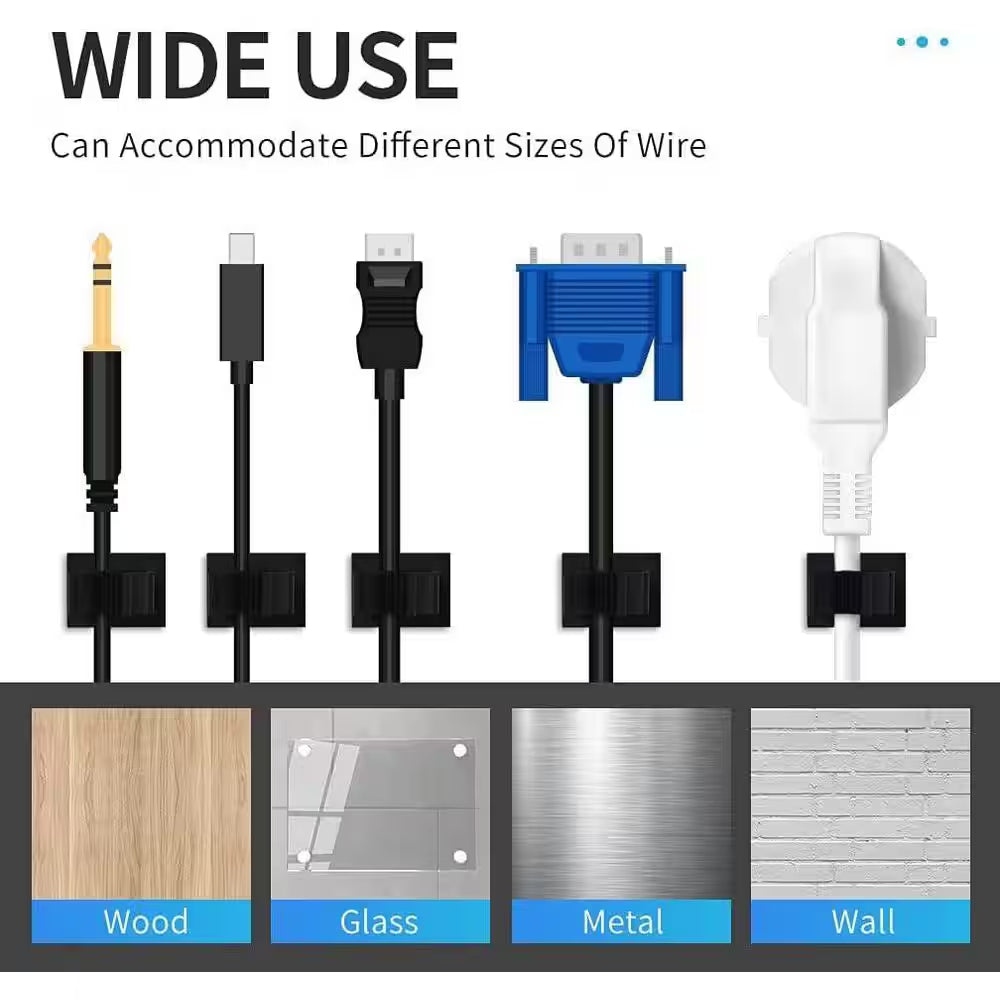 Self Adhesive Nylon Wire Adjustable Cable Clips Black Strong Hold Cable Organizer Drop Wire Holder 30-Pack