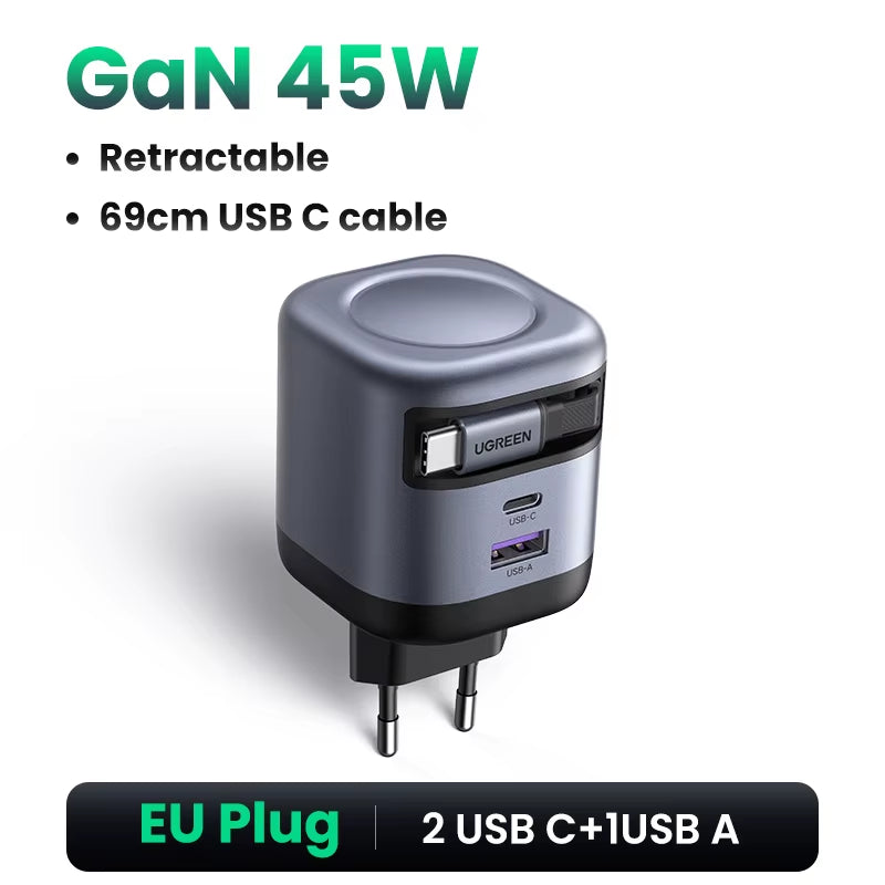 45W Gan Retractable Cable Charger UFCS PPS QC PD 3.0 for Iphone 17 16Pro Samsung S25 Ipad Macbook Air Tablet Fast Charger