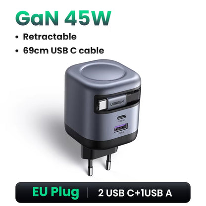 45W Gan Retractable Cable Charger UFCS PPS QC PD 3.0 for Iphone 17 16Pro Samsung S25 Ipad Macbook Air Tablet Fast Charger