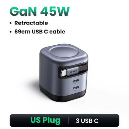45W Gan Retractable Cable Charger UFCS PPS QC PD 3.0 for Iphone 17 16Pro Samsung S25 Ipad Macbook Air Tablet Fast Charger