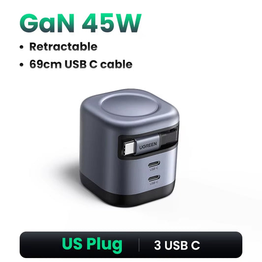 45W Gan Retractable Cable Charger UFCS PPS QC PD 3.0 for Iphone 17 16Pro Samsung S25 Ipad Macbook Air Tablet Fast Charger