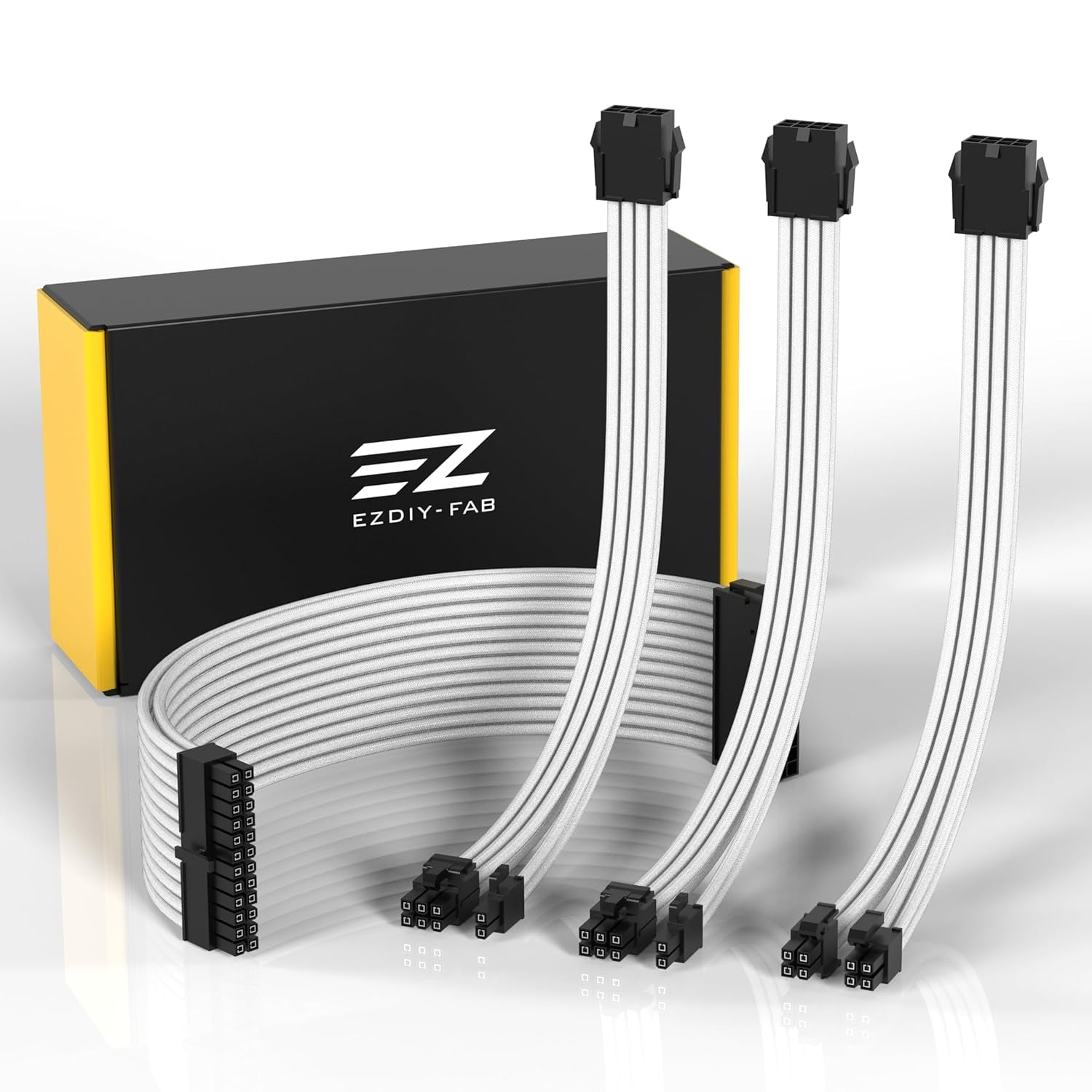 PSU Extension Cable Sleeved Custom Mod PC Power Supply Cable, Soft Nylon Braided with Comb Kit 24PIN/8PIN to 6+2Pin/ 8PIN to 4+4PIN-30CM 300MM - White