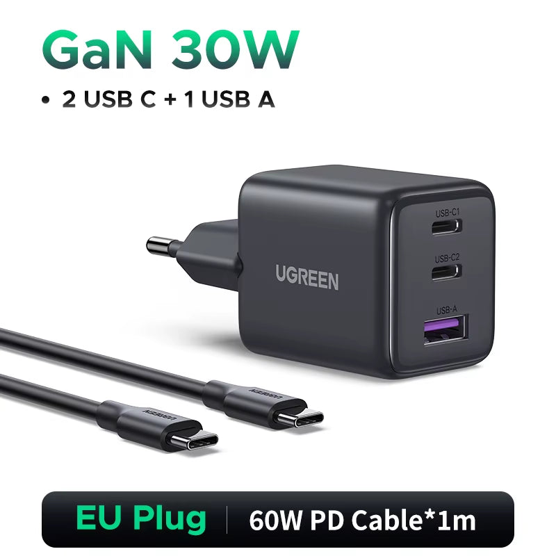 30W Gan Charger 3 Ports PD 3.0 USB C Charger for Iphone 17 16 15 Pro Samsung S25 Xiaomi Tablet Ipad Air Pro Phone Charger