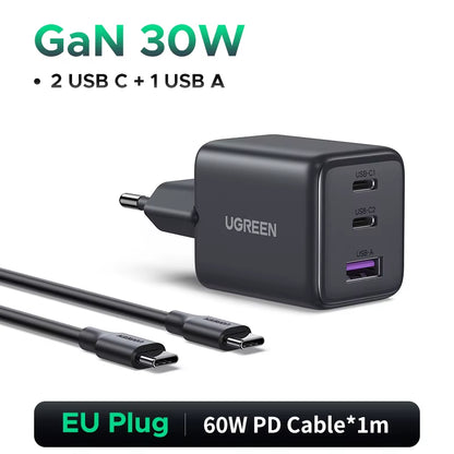 30W Gan Charger 3 Ports PD 3.0 USB C Charger for Iphone 17 16 15 Pro Samsung S25 Xiaomi Tablet Ipad Air Pro Phone Charger