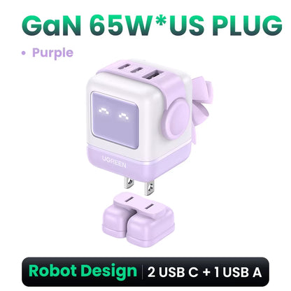 65W Gan Charger Uno Robot Design PD Fast Charger PPS PD3.0 for Iphone 17 16 15 Fast Charge for Xiaomi Laptop Macbook Pro