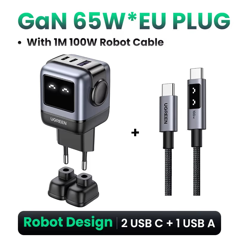 65W Gan Charger Uno Robot Design PD Fast Charger PPS PD3.0 for Iphone 17 16 15 Fast Charge for Xiaomi Laptop Macbook Pro