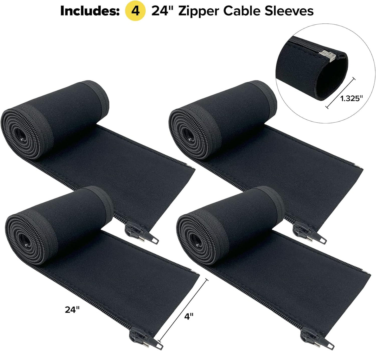 Zipper Cable Sleeve by - 24" X 4" (4-Pack) Black - Cord Organizer and Cable Pro