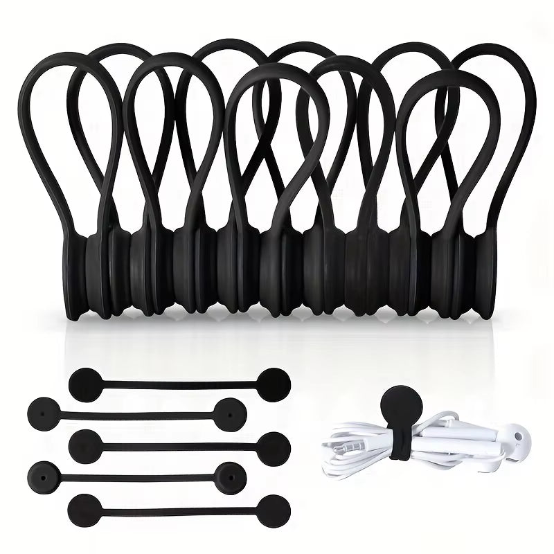 10Pcs Magnetic Cable Clip - Black Magnetic Silicone Cable Organizer Cable Ties Reusable Cable Ties for Home, Kitchen, Office