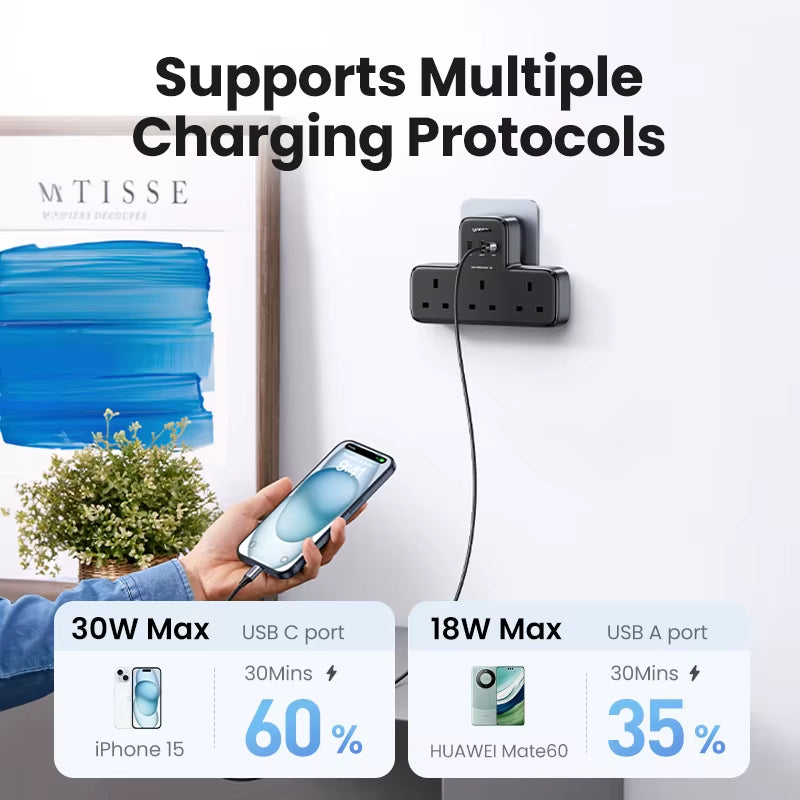 30W UK Plug Desktop Charger Power Strip Outlet Extension Adapter for Iphone 17 16 Pro Max Xiaomi Wall Fast Charger AD DC