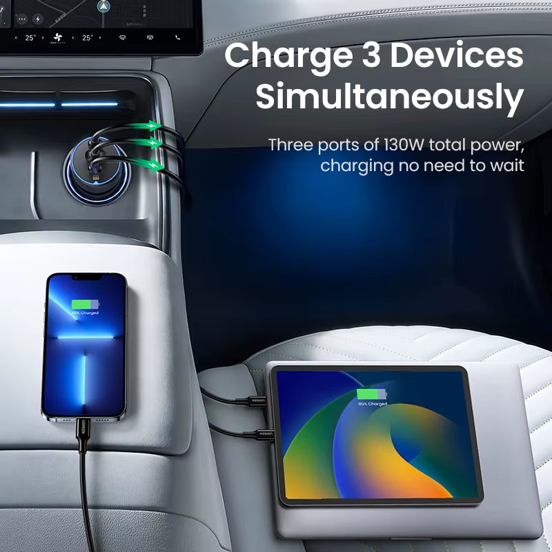 130W USB C Fast Car Charger for Xiaomi Iphone 17 Samsung Galaxy S25 Laptops PD3.0 Fast Charging USB Type C Car Charger