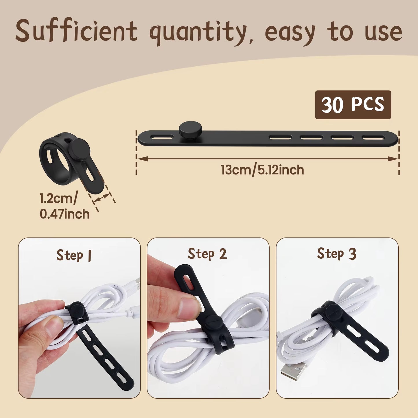 30Pcs Silicone Cable Ties Adjustable Cable Straps Cord Organizer Reusable Cable Management Organizer Fastening Cable Straps