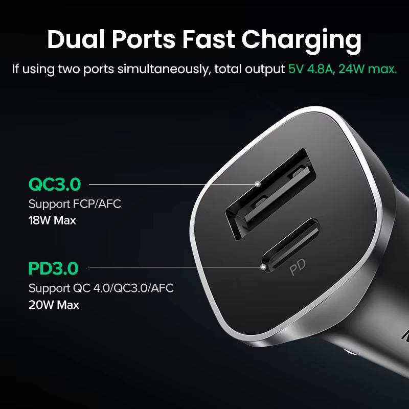 24W Car Charger Dual Port QC 4.0 3.0 Fast Charging for Iphone 17 16 15 Xiaomi Huawei Samsung Supercharge Type C Charger