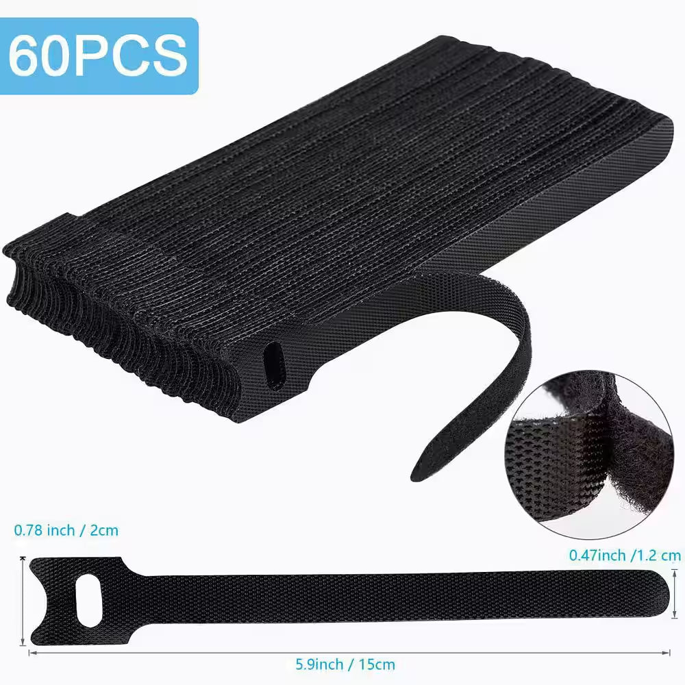 60-Piece 6 Inches Reusable Cable Ties Adjustable Cord Straps Cable Organizer Cord Wrap Hook Loop Black