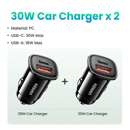 Car Charger 30W PD Quick Charge QC4.0 3.0 SCP Type C Fast USB Car Charger for Iphone 14 13 12 Xiaomi Mobile Phone Charger