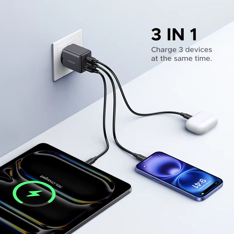 30W Gan Charger 3 Ports PD 3.0 USB C Charger for Iphone 17 16 15 Pro Samsung S25 Xiaomi Tablet Ipad Air Pro Phone Charger