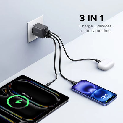 30W Gan Charger 3 Ports PD 3.0 USB C Charger for Iphone 17 16 15 Pro Samsung S25 Xiaomi Tablet Ipad Air Pro Phone Charger