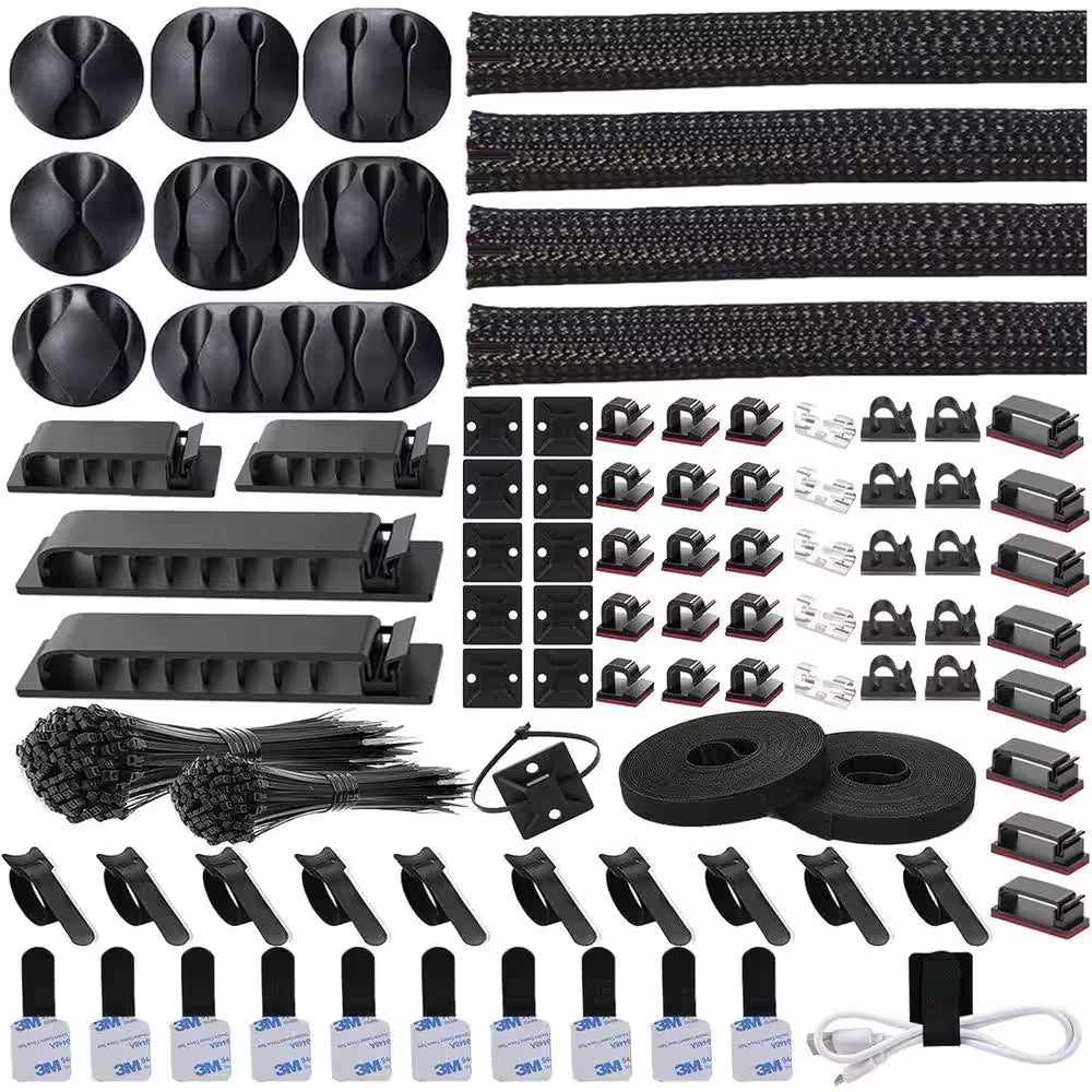 Cable Management Organizer Kit 311Pcs with Cable Sleeves, Ties for TV Office Home Electronics, Black and Transparent