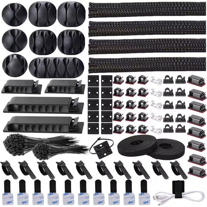 Cable Management Organizer Kit 311Pcs with Cable Sleeves, Ties for TV Office Home Electronics, Black and Transparent