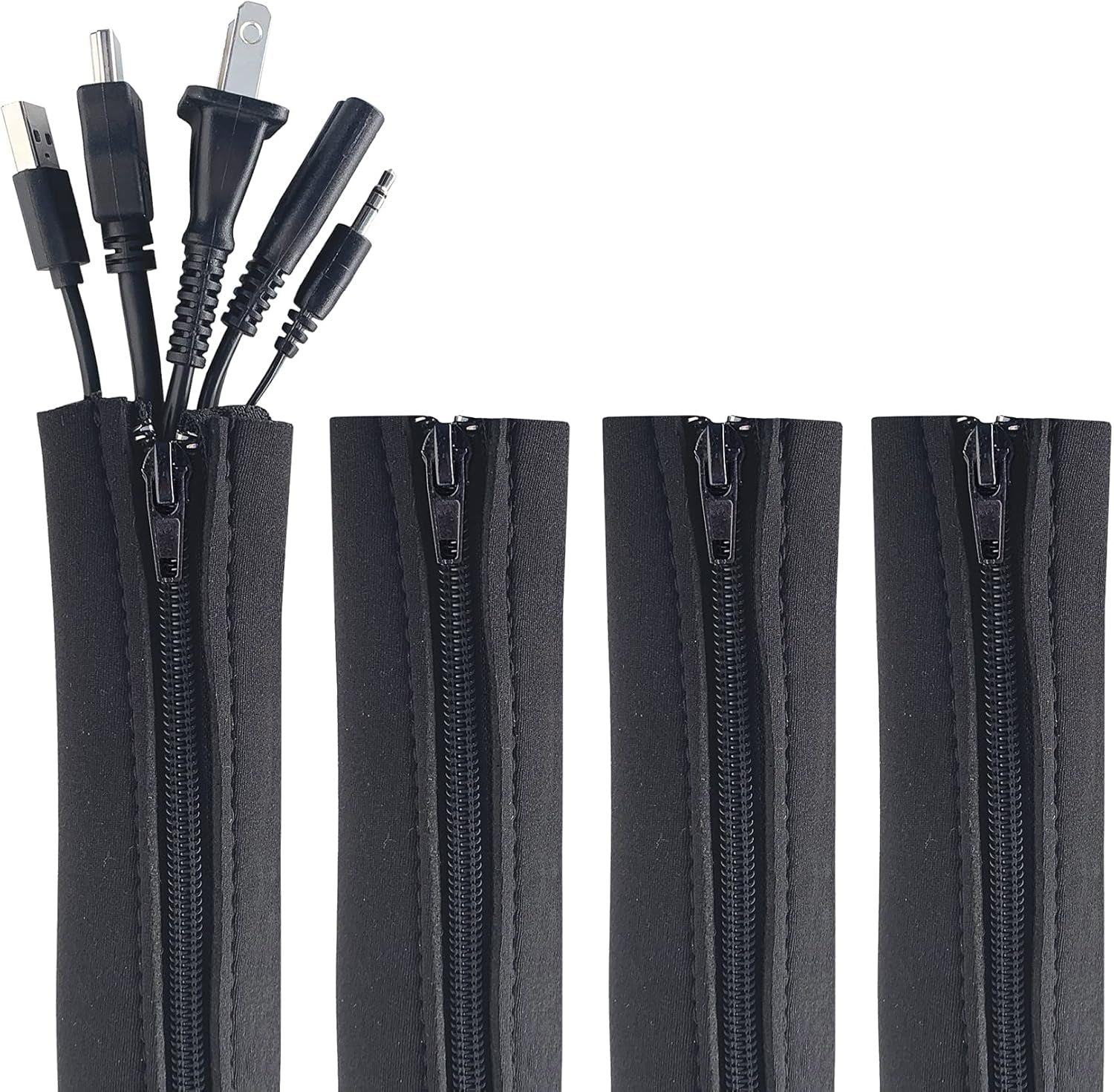 Zipper Cable Sleeve by - 24" X 4" (4-Pack) Black - Cord Organizer and Cable Pro