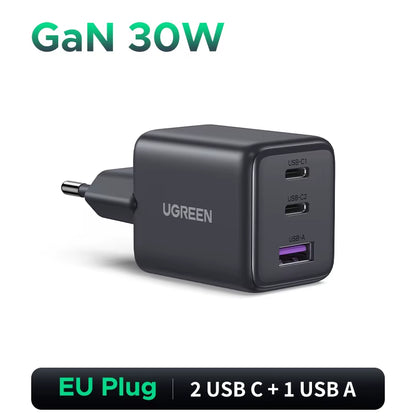 30W Gan Charger 3 Ports PD 3.0 USB C Charger for Iphone 17 16 15 Pro Samsung S25 Xiaomi Tablet Ipad Air Pro Phone Charger