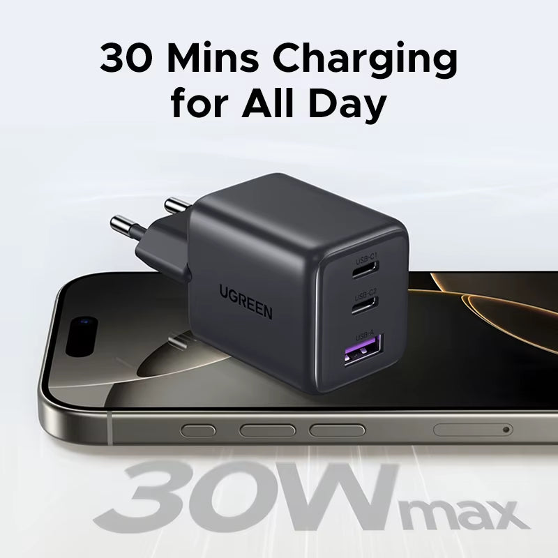 30W Gan Charger 3 Ports PD 3.0 USB C Charger for Iphone 17 16 15 Pro Samsung S25 Xiaomi Tablet Ipad Air Pro Phone Charger