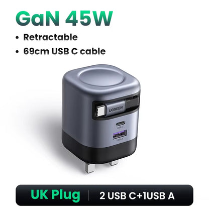 45W Gan Retractable Cable Charger UFCS PPS QC PD 3.0 for Iphone 17 16Pro Samsung S25 Ipad Macbook Air Tablet Fast Charger