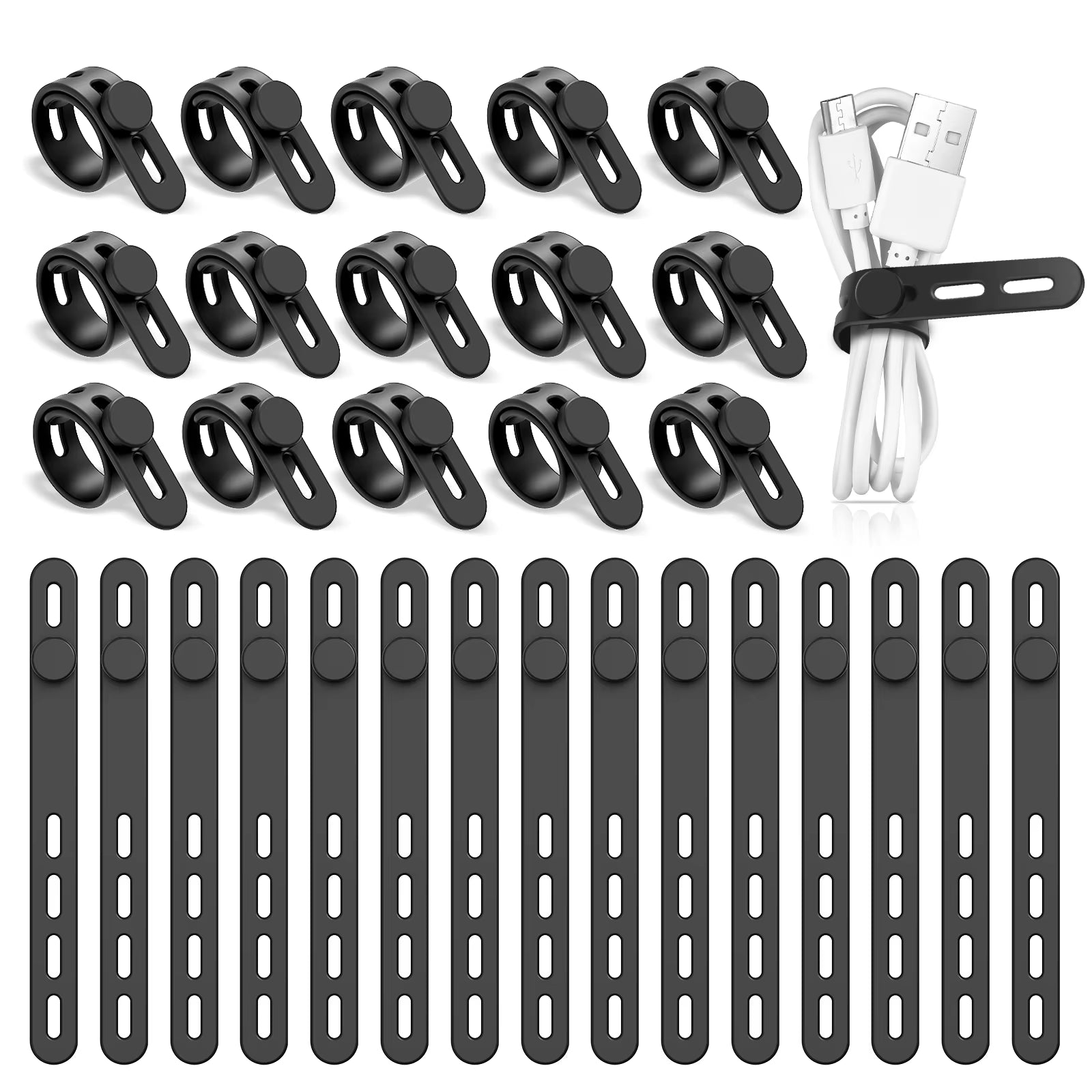 30Pcs Silicone Cable Ties Adjustable Cable Straps Cord Organizer Reusable Cable Management Organizer Fastening Cable Straps