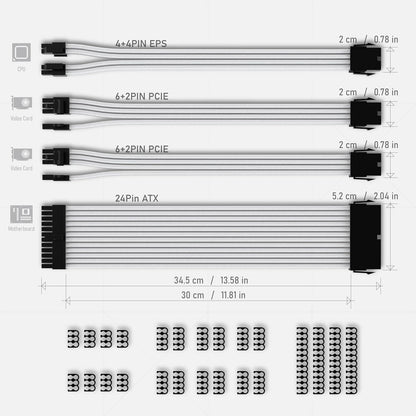 PSU Extension Cable Sleeved Custom Mod PC Power Supply Cable, Soft Nylon Braided with Comb Kit 24PIN/8PIN to 6+2Pin/ 8PIN to 4+4PIN-30CM 300MM - White