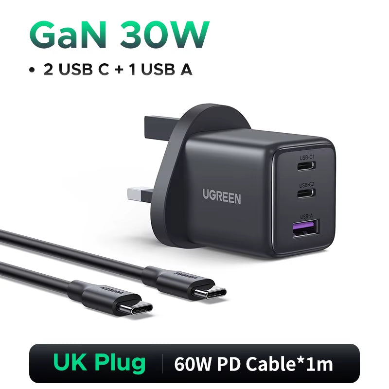 30W Gan Charger 3 Ports PD 3.0 USB C Charger for Iphone 17 16 15 Pro Samsung S25 Xiaomi Tablet Ipad Air Pro Phone Charger