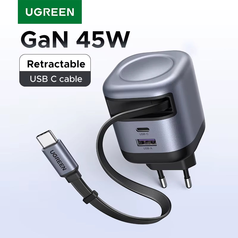 45W Gan Retractable Cable Charger UFCS PPS QC PD 3.0 for Iphone 17 16Pro Samsung S25 Ipad Macbook Air Tablet Fast Charger