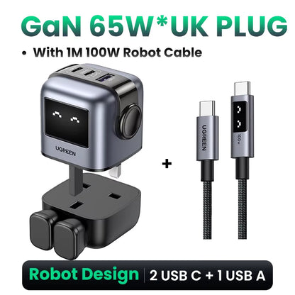 65W Gan Charger Uno Robot Design PD Fast Charger PPS PD3.0 for Iphone 17 16 15 Fast Charge for Xiaomi Laptop Macbook Pro