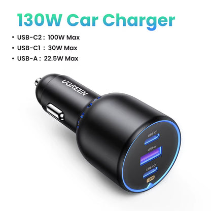130W USB C Fast Car Charger for Xiaomi Iphone 17 Samsung Galaxy S25 Laptops PD3.0 Fast Charging USB Type C Car Charger