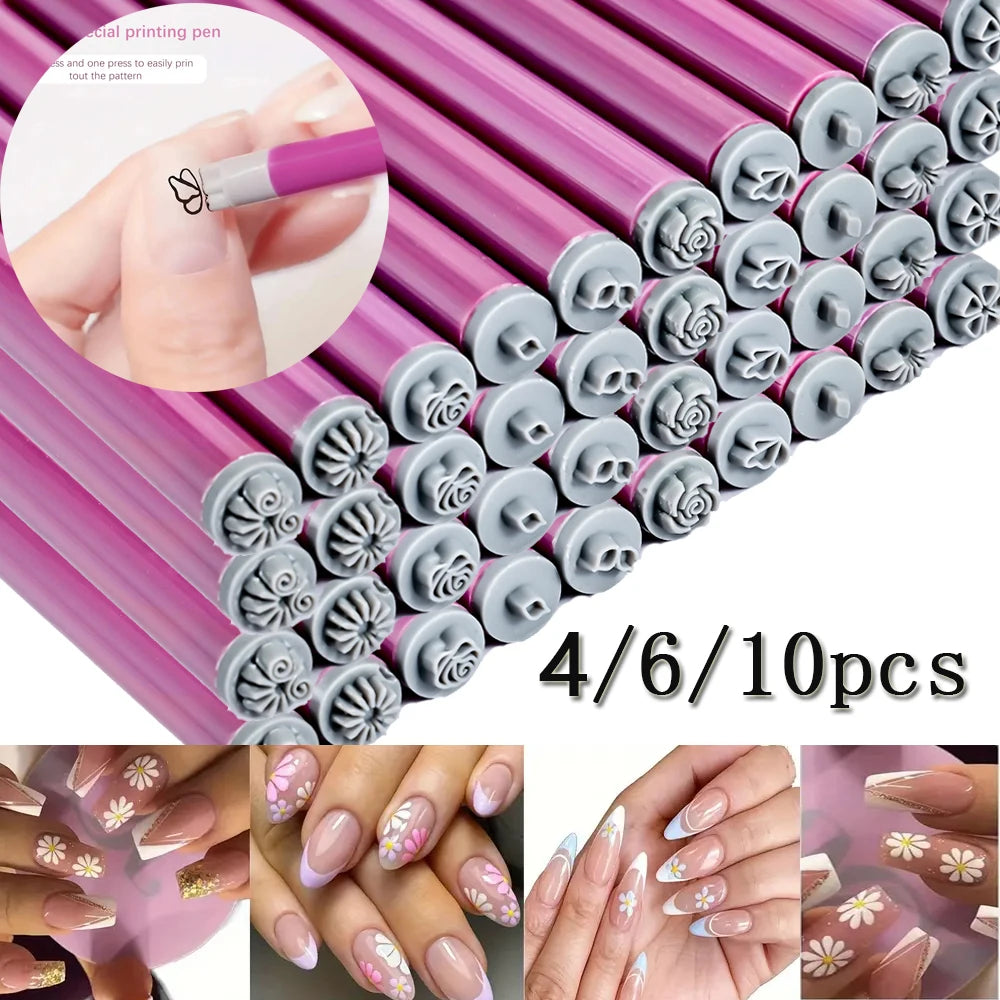 4/6/10Pcs Graffiti Drawing Nail Art Stamp Pen Set - DIY Nail Art Embellishment Flower Stamping Pens Nail Art Printing Templates