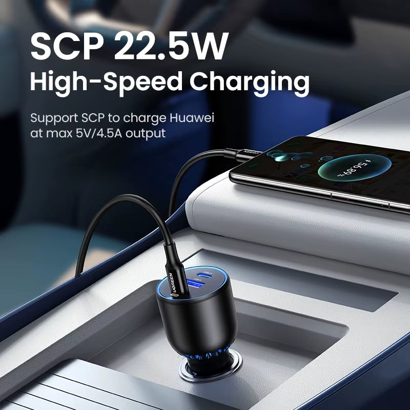 130W USB C Fast Car Charger for Xiaomi Iphone 17 Samsung Galaxy S25 Laptops PD3.0 Fast Charging USB Type C Car Charger