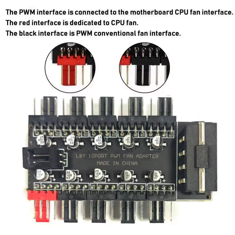 4Pin 10 Port PC Case Fan Hub PWM Controller SATA Power/Large 4P Splitter Motherboard Cooler Cooling Fan Cable