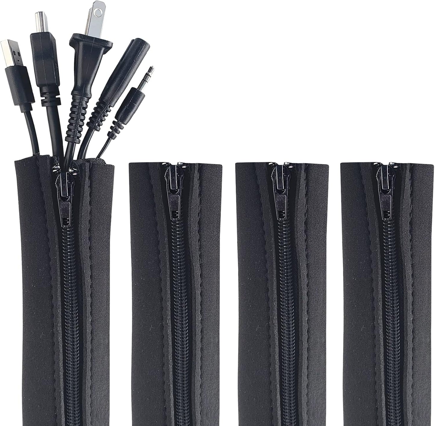 Zipper Cable Sleeve by - 24" X 4" (4-Pack) Black - Cord Organizer and Cable Pro