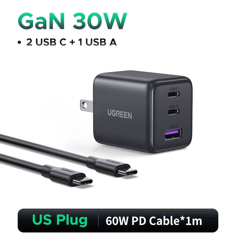 30W Gan Charger 3 Ports PD 3.0 USB C Charger for Iphone 17 16 15 Pro Samsung S25 Xiaomi Tablet Ipad Air Pro Phone Charger